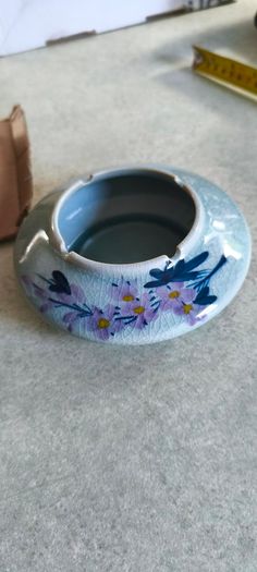 Ceramic ashtray with floral design - Decorative Feng Shui ash holder,  blue with hand-painted purple flowers for home and office.