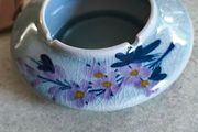 Ceramic ashtray with floral design - Decorative Feng Shui ash holder,  blue with hand-painted purple flowers for home and office.