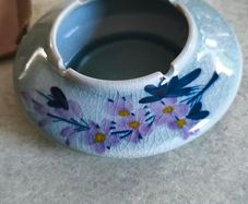 Ceramic ashtray with floral design - Decorative Feng Shui ash holder,  blue with hand-painted purple flowers for home and office.