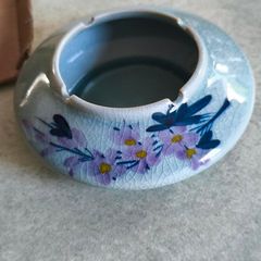 Ceramic ashtray with floral design - Decorative Feng Shui ash holder,  blue with hand-painted purple flowers for home and office.