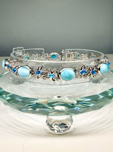 Silver bracelet Larimar & Neon Apatite Cluster Bracelet