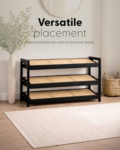 3 Tier Bamboo and Rattan Shoe Organiser Rack  Eco Friendly, Durable, Easy Assembly Compact Design for Entryway, Closet, or Hallway  Stylish and Functional Storage Black and Natural