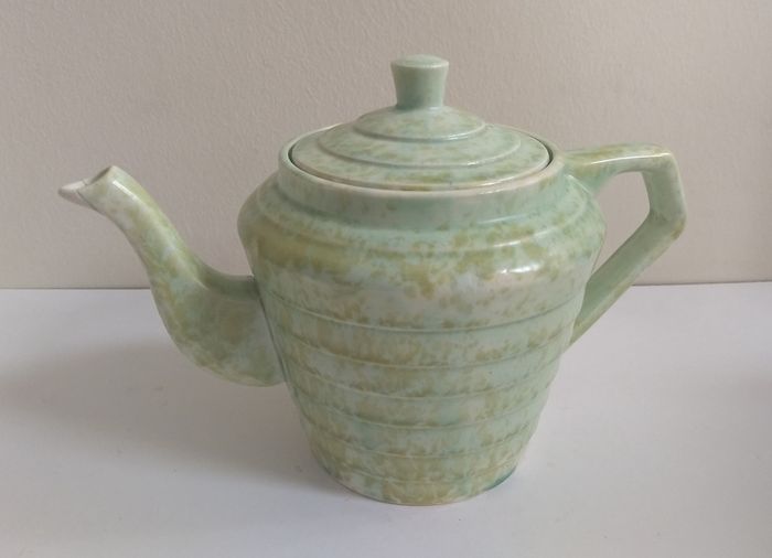Stunning Art Deco 'Windsor Step' Shaped Teapot by Wade Heath, with a Stunning Rare Mottled Mint Green Glaze, Circa 1930+