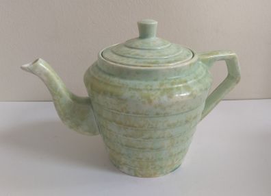 Stunning Art Deco 'Windsor Step' Shaped Teapot by Wade Heath, with a Stunning Rare Mottled Mint Green Glaze, Circa 1930+