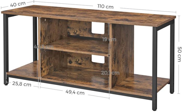 _TV cabinet, TV table, TV shelf, lowboard with open compartments, living room, 110 x 40 x 50 cm, industrial design, vintage, dark brown
