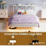 4ft6 Double Floating Bed Frame with LED Lights and Charging Station, Metal Platform Bed Frame Double Bed with Wooden Storage Headboard Under-bed Storage No Box Spring Needed White and OAK Image 4