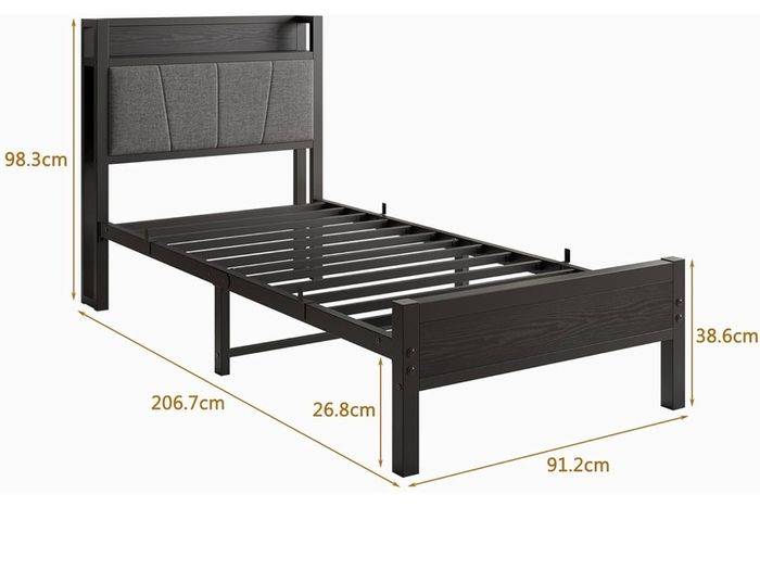 3ft Single Bed Frame with Storage Headboard,Heavy Duty Metal Upholstered Platform Bed Frame,Mattress Foundation/Strong Steel Slat Support/Under-bed Storage/Easy Assembly/Black