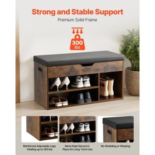 Entryway Shoe Bench, 805 x 305 x 445 mm Shoe Storage Organizer with Hidden Lift Top Storage Space, 300lbs Bench with Cushion Seat and 3 Cabinets