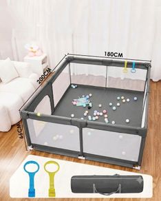 COMOMY Extra Large Baby Playpen (200 x 180 cm) - Grey with Travel Bag