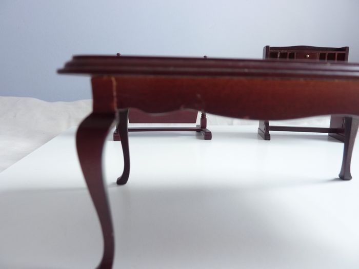 Vintage wood doll's house dining room furniture & tableware