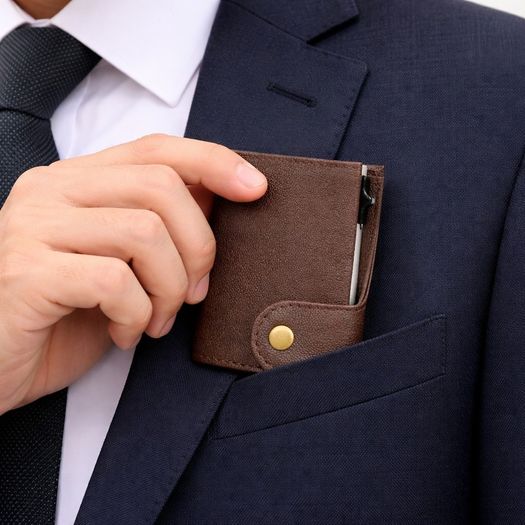 Genuine Leather Pop-Up Card Holder Wallet RFID Blocking Slim Credit Card Case