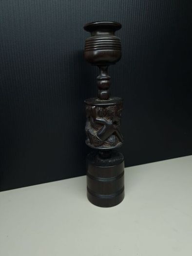 Heavy African Carved Wooden Candle Holder / Decorative Stand 25.5cm