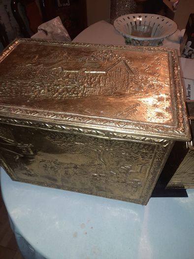 vintage brass log box and magazine rack