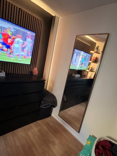 brass mirror with led strip lighting + drawers