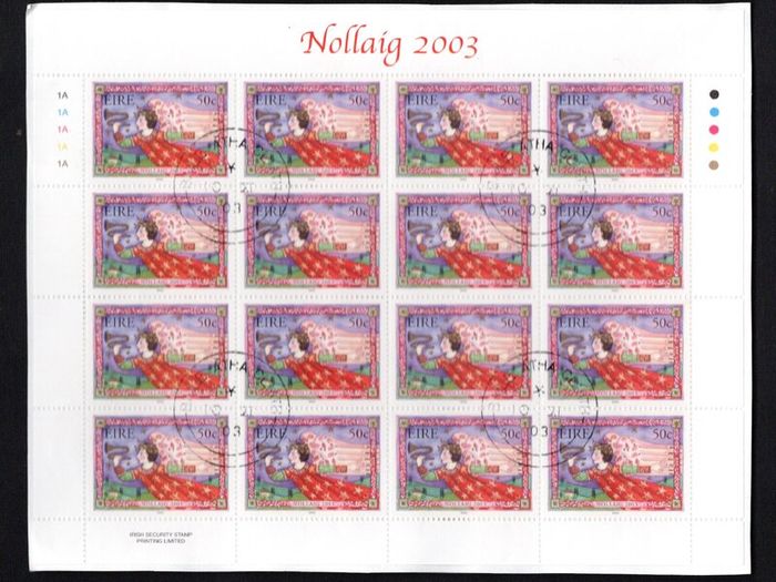 2003 Ireland Christmas 48c (ex Booklet) 48c, 50c & 57c Commemorative Stamps Sheets Plate 1A1A1A1A1A Fine Used with Dublin CDS cancel of 10th November 2003 (First day of issued) on envelope extract.