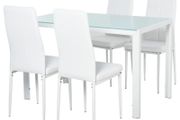 5-Piece Kitchen Dining Table Set with 4 Faux Leather Metal Frame Chairs Glass Tabletop Desk for Dining Room, Kitchen, Dinette, White