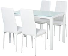 5-Piece Kitchen Dining Table Set with 4 Faux Leather Metal Frame Chairs Glass Tabletop Desk for Dining Room, Kitchen, Dinette, White