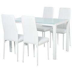 5-Piece Kitchen Dining Table Set with 4 Faux Leather Metal Frame Chairs Glass Tabletop Desk for Dining Room, Kitchen, Dinette, White
