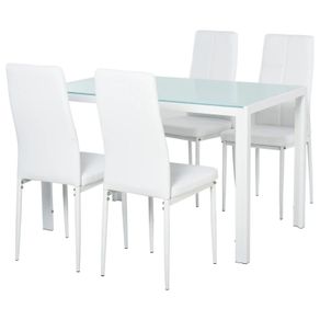5-Piece Kitchen Dining Table Set with 4 Faux Leather Metal Frame Chairs Glass Tabletop Desk for Dining Room, Kitchen, Dinette, White