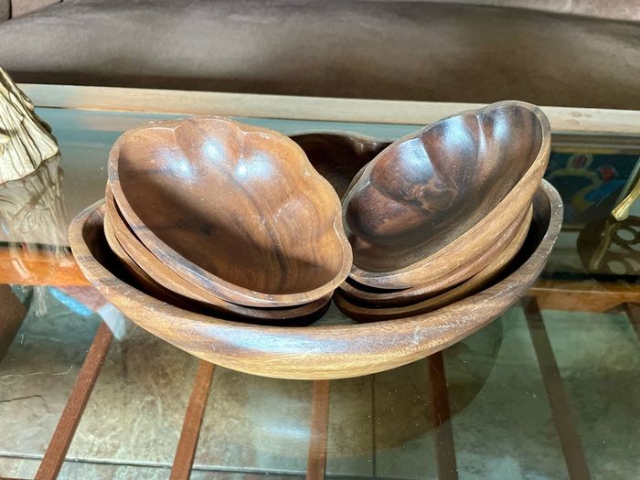 Vintage Carved Acacia Wood Shell Bowl Set 7 Pc Serving Salad Snack Nesting