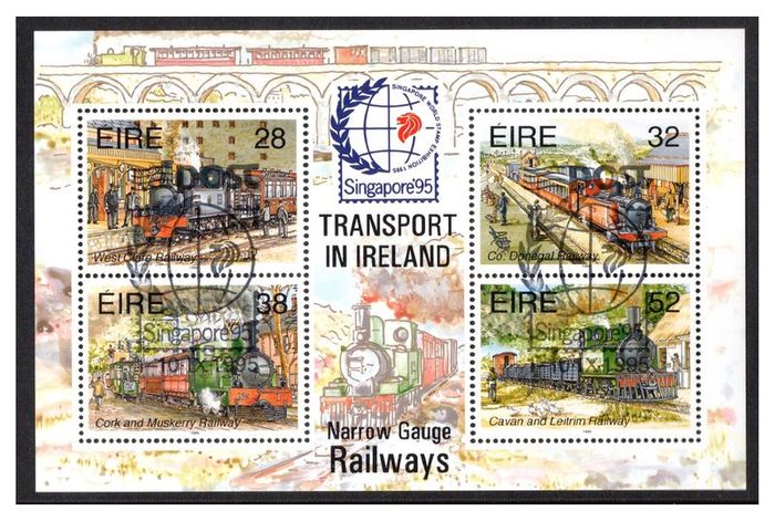 1995 Ireland Singapore '95 Stamp Exhibition on Railways (MS15) Commemorative Stamps Miniature Sheet Fine Used with Singapore Cancel