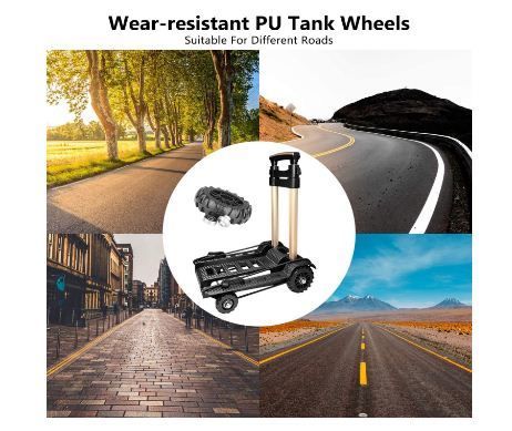 Folding Hand Truck, with Noiseless Wear-Resistant PU Tank Wheels and Adjustable Aluminum Alloy Drawbar