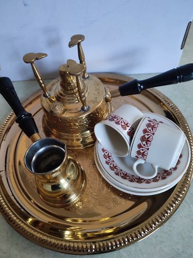 Turkish / Greek / Arabic Coffee set. Coffee Pot Brass for 2 set on brass Tray with 2 Cups and saucers and brass Seprteaia.