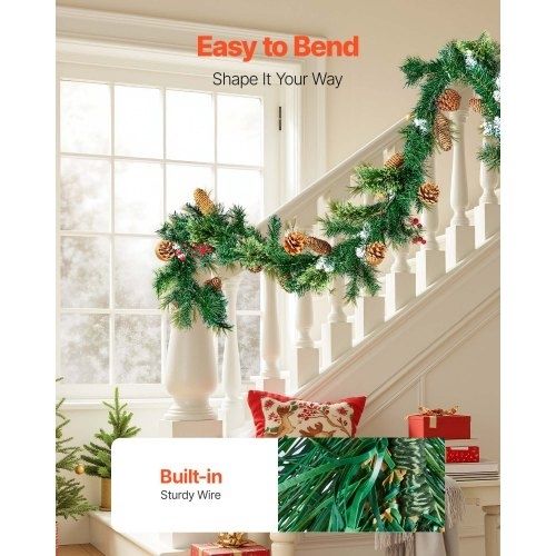 Christmas Garland, 2750mm Artificial Christmas Garland with Light String, Faux Greenery Decoration with Berry Clusters, Pine Needles, Pine Cones, Realistic Xmas Collection for Mantel Fireplace