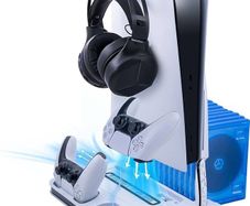 PS5 Adjustable Cooling Fan Stand,PS5 Cooling Charging Stand with Headphone Holder,13 Game Card Slots Not for PS5 Slim - White