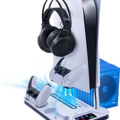 PS5 Adjustable Cooling Fan Stand,PS5 Cooling Charging Stand with Headphone Holder,13 Game Card Slots Not for PS5 Slim - White