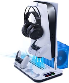 PS5 Adjustable Cooling Fan Stand,PS5 Cooling Charging Stand with Headphone Holder,13 Game Card Slots Not for PS5 Slim - White
