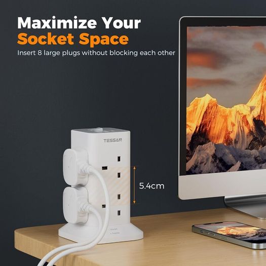 Tower Extension Lead with USB C Slots, TESSAN 8 Way Plug Extension Socket with Switch, Surge Protected Power Strip with 2M Cable for Home, School Supplies
