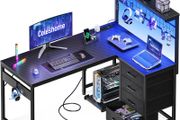 L Shaped Gaming Desk with Drawers Shelf 110 x 80 cm Reversible Corner Computer LED Lights Power Outlets Table Hook Carbon Fiber Black