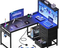 L Shaped Gaming Desk with Drawers Shelf 110 x 80 cm Reversible Corner Computer LED Lights Power Outlets Table Hook Carbon Fiber Black