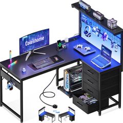 L Shaped Gaming Desk with Drawers Shelf 110 x 80 cm Reversible Corner Computer LED Lights Power Outlets Table Hook Carbon Fiber Black