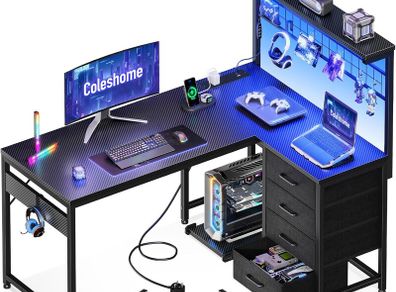 L Shaped Gaming Desk with Drawers Shelf 110 x 80 cm Reversible Corner Computer LED Lights Power Outlets Table Hook Carbon Fiber Black