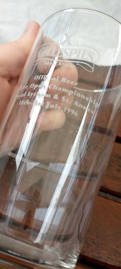 Gillespies malt stout pint glass,official beer to the open championship at royal Lytham & St. Anne's 18th to 21th ,1996,,buyer collects or pays postage, collectors item