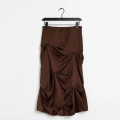 Ganni Brown Draped Midi Skirt Sz 8UK 4US S Chicory Coffee Voluminous Satin