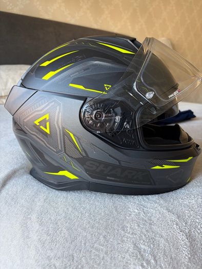 shark motorcycle helmet with Sena Bluetooth kit installed
