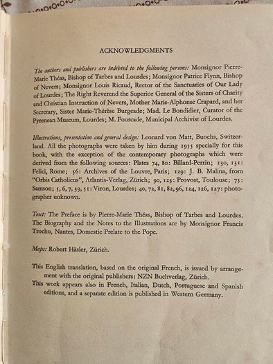 St Bernadette. A Pictorial Biography By Leonard Von Matt And Francis Trouchu. First Edition 1957. Large Volume Hardback In Fair Condition.  See Photos For Same.