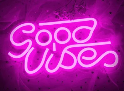 Good Vibes Neon Signs (13" X 7"), Cisteen Led Neon Light Signs with Acrylic Board, Goodvibes Neon Word Light Wall Decor Powered by USB for Bedroom, Makeup Room, Game Room,Bar,Wedding,Party (FREE POSTAGE)