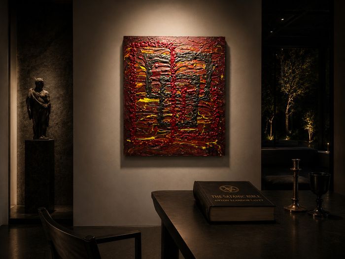 Original "666" Red Textured Abstract Oil Painting 41x51cm - Signed Monogram (yet, unknown artist)