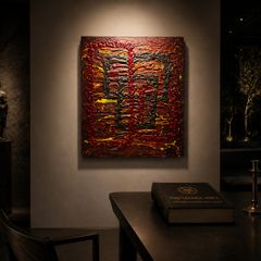 Original "666" Red Textured Abstract Oil Painting 41x51cm - Signed Monogram (yet, unknown artist)