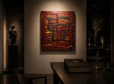 Original "666" Red Textured Abstract Oil Painting 41x51cm - Signed Monogram (yet, unknown artist)
