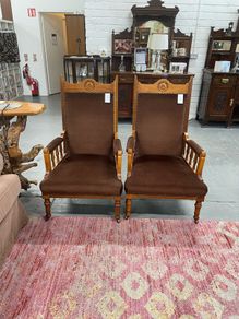 2 Vintage High-back Wooden Armchairs