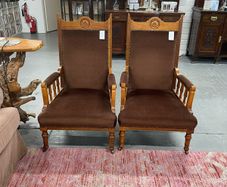 2 Vintage High-back Wooden Armchairs