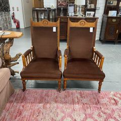 2 Vintage High-back Wooden Armchairs