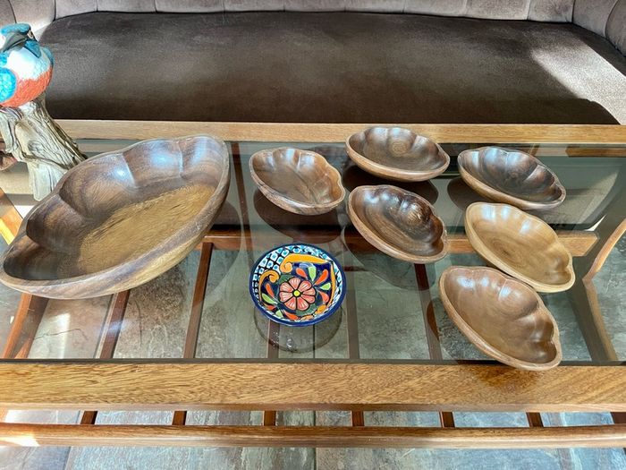 Vintage Carved Acacia Wood Shell Bowl Set 7 Pc Serving Salad Snack Nesting