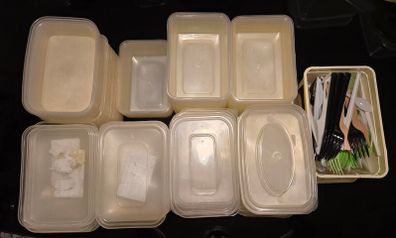 Plastic boxes and utensils