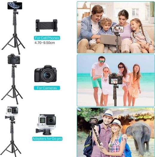 1.7 Meter/67 inch Phone Tripod Stand & Bluetooth Selfie Stick Tripod, Cellphone Tripod with Bluetooth Remote, Compatible with iPhone 14/13/12/12 pro/11/11pro/8/7 (FREE POSTAGE)